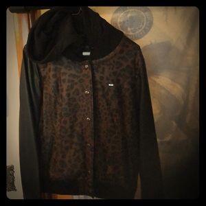 Hooded zip and snap up faux leather jacket.